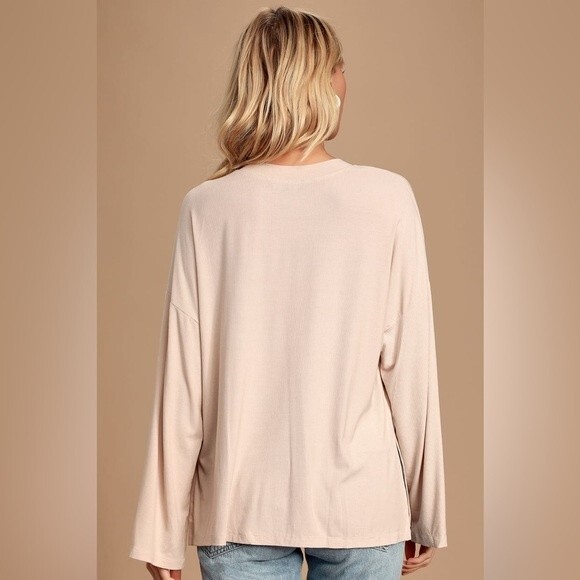 Lulus Sz S Mercurio Beige Ribbed Long Sleeve Top - Picture 10 of 11
